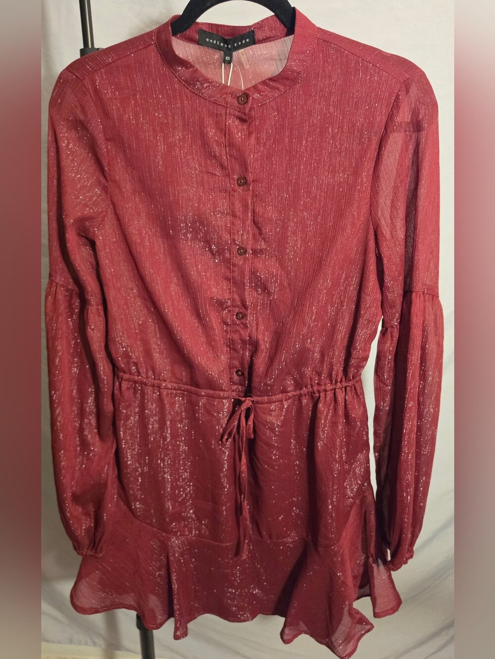 Endless Rose Metallic Burgundy Button-Front Tunic